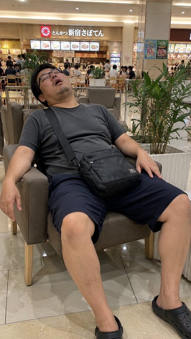 A man in a grey t-shirt and dark shorts is sleeping in a chair at a food court.