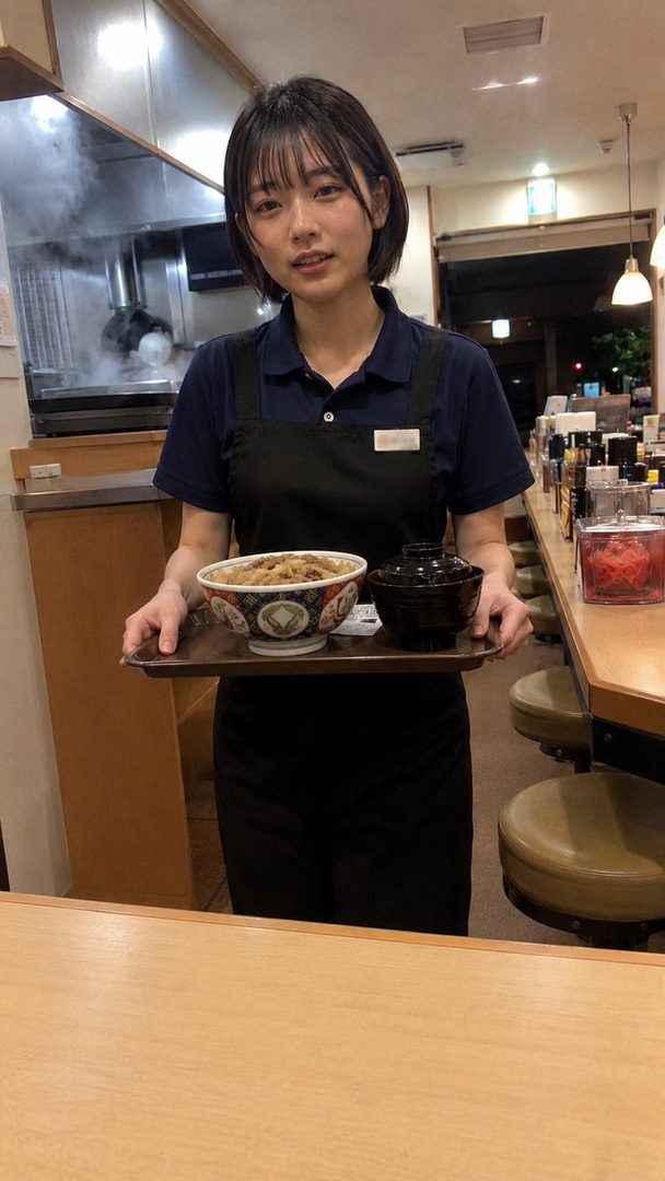 A young woman with short black hair and bangs, wearing a dark blue polo shirt and black apron, holds a tray with a bowl of food and a lidded bowl in an indoor restaurant setting.