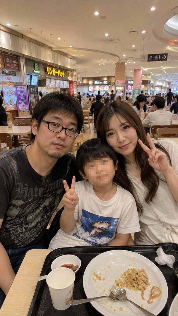 A family of three, a man, a woman, and a child, pose for a photo at a food court, with the woman and child making peace signs.