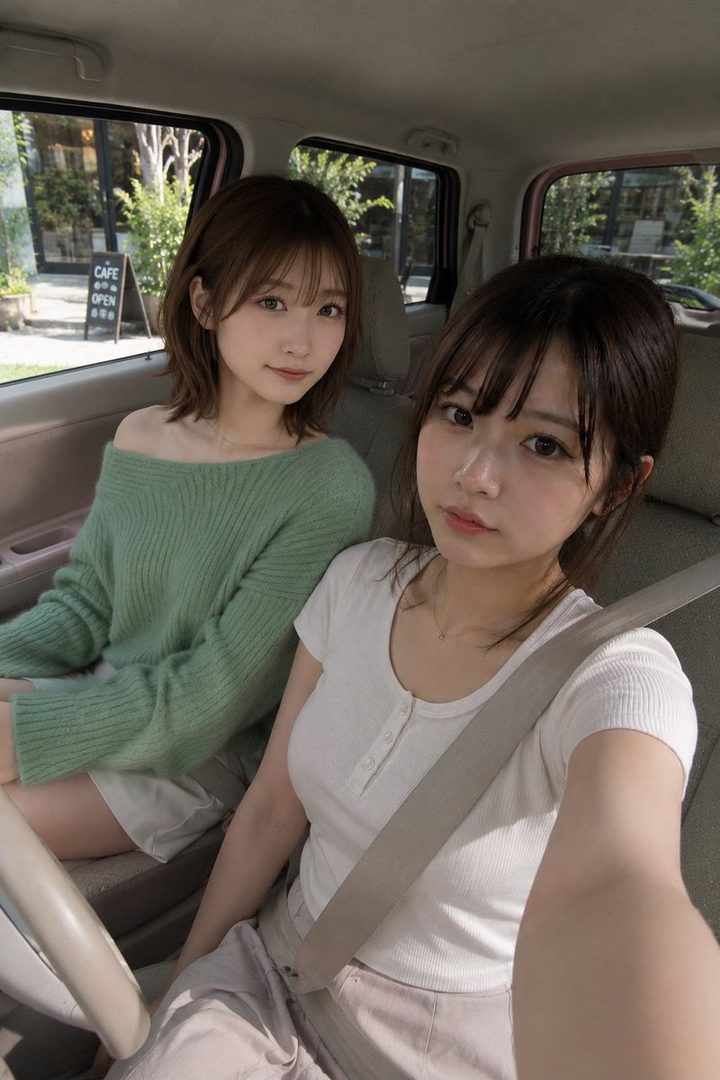 Two young women take a selfie inside a car, with one wearing a green off-shoulder sweater and the other a white t-shirt.