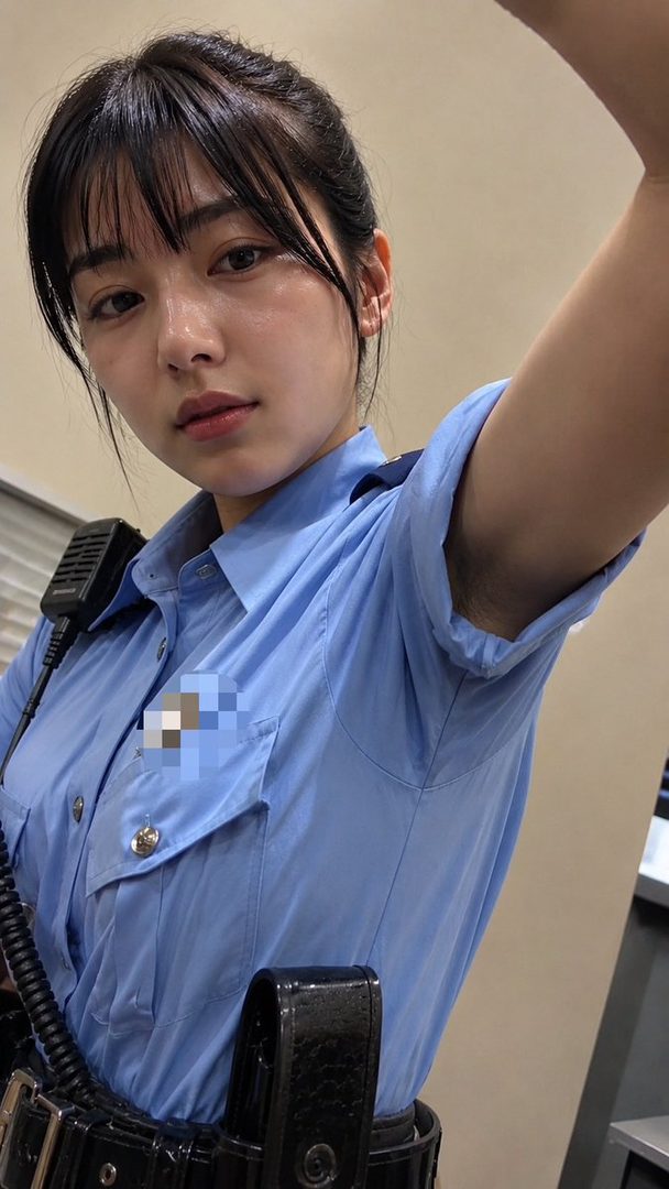 A photorealistic portrait of a young East Asian woman in a light blue uniform shirt, looking directly at the camera.