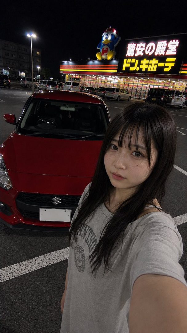 A young woman takes a selfie in a parking lot at night, with a red car and a Don Quijote store in the background.