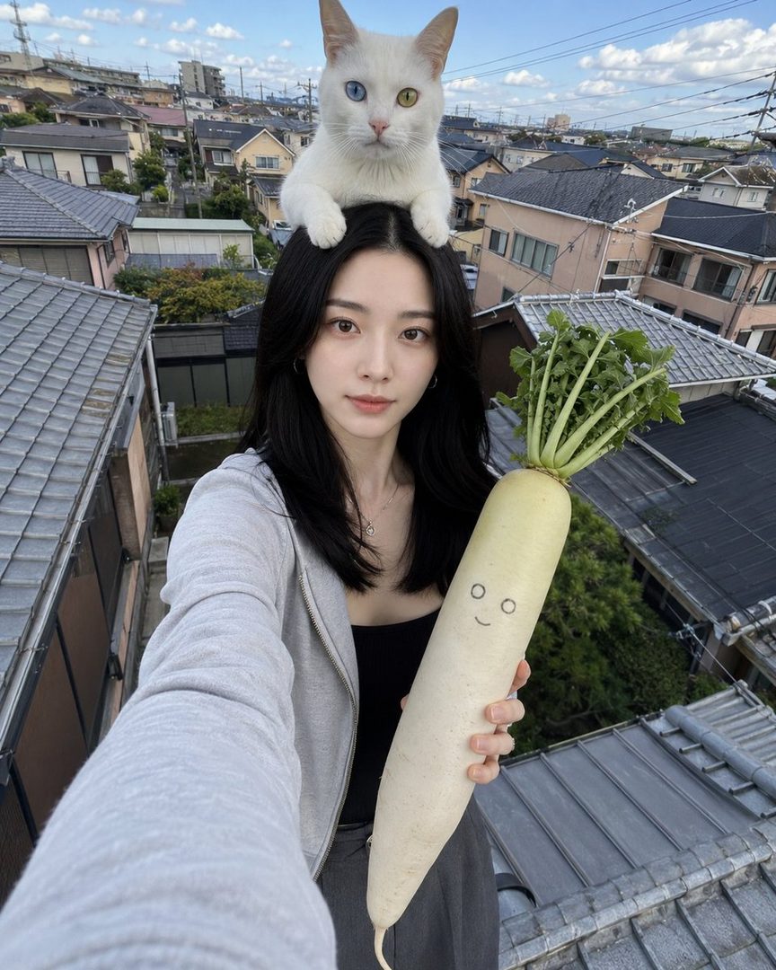 A young East Asian woman takes a selfie on a rooftop, holding a daikon radish with a drawn face and a white cat on her head.