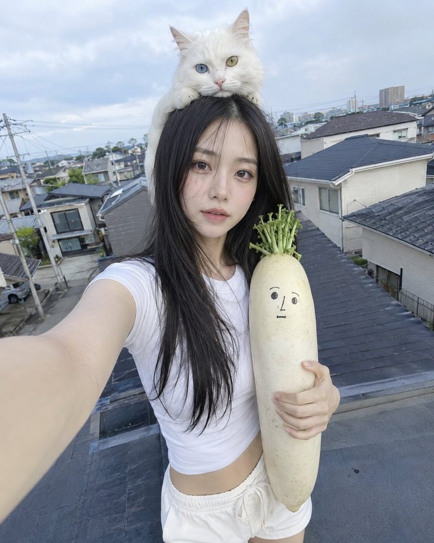 A young woman takes a selfie on a rooftop, holding a large daikon radish with a face drawn on it, and a white cat with heterochromia sits on her head.