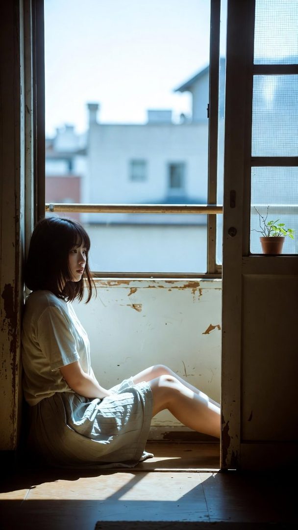A young woman with short black hair sits on the floor by a window, looking out with a serene expression.