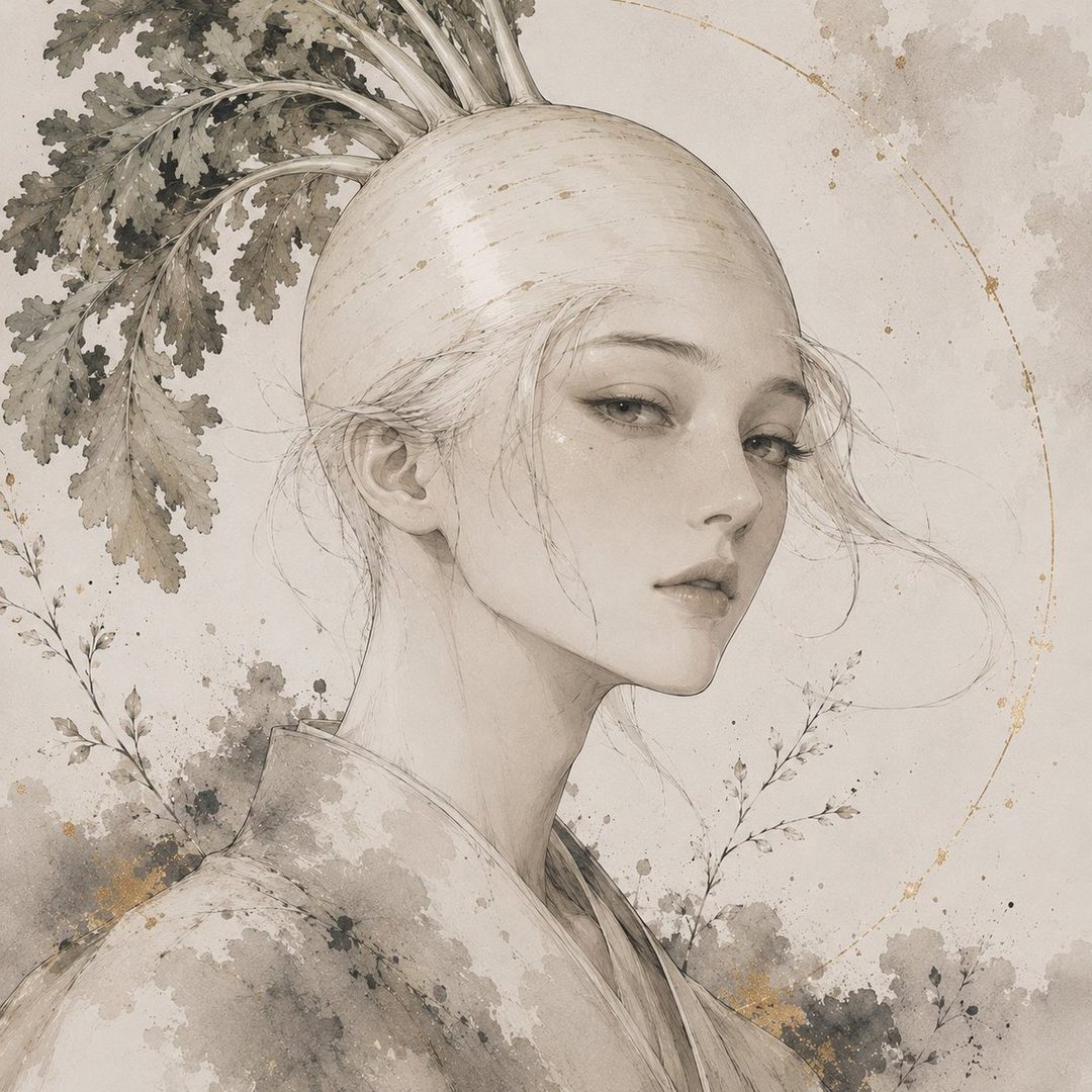 A semi-realistic portrait of a woman with white hair styled like a daikon radish, wearing a kimono, against a watercolor-like background with gold accents.