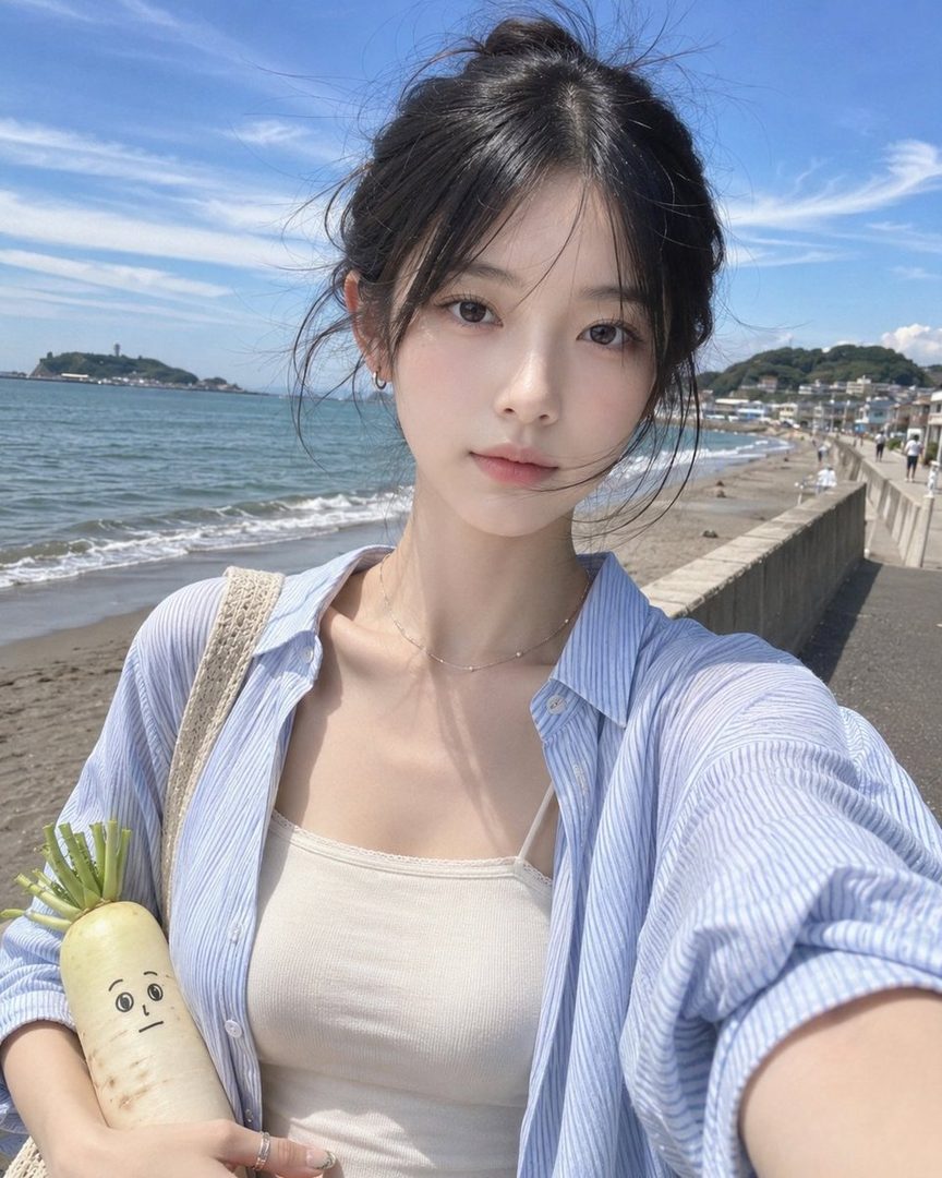 A young woman takes a selfie on a sunny beach, holding a daikon radish with a drawn face.