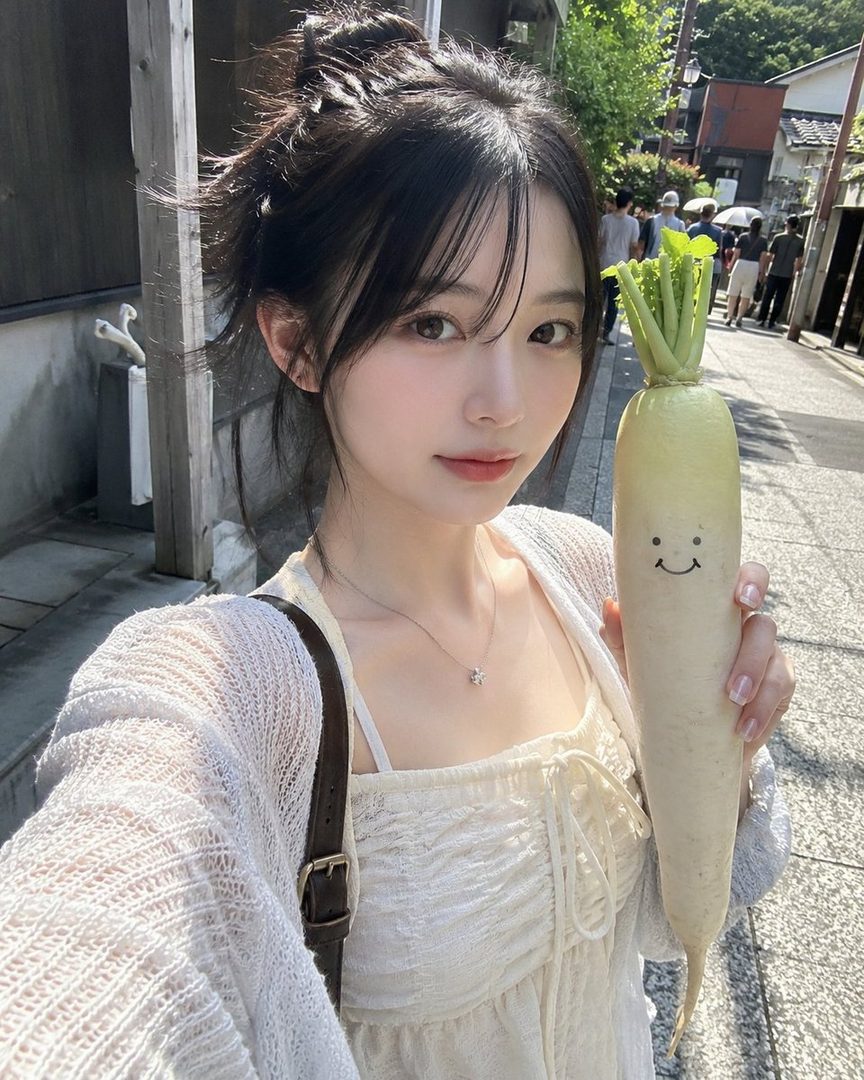 A young woman takes a selfie on a sunny street, holding a daikon radish with a smiley face drawn on it.