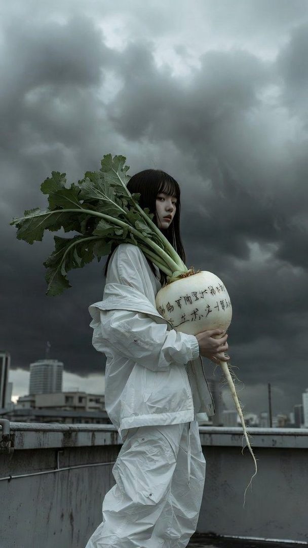 A young woman in a white tracksuit holds a giant daikon radish with writing on it, standing on a rooftop under a dramatic cloudy sky.