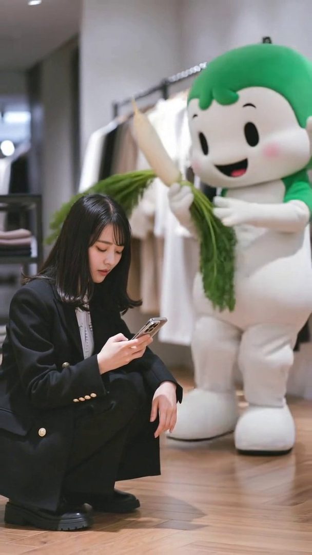 A young woman in a black suit crouches down, looking at her phone, with a mascot holding a radish in the background.