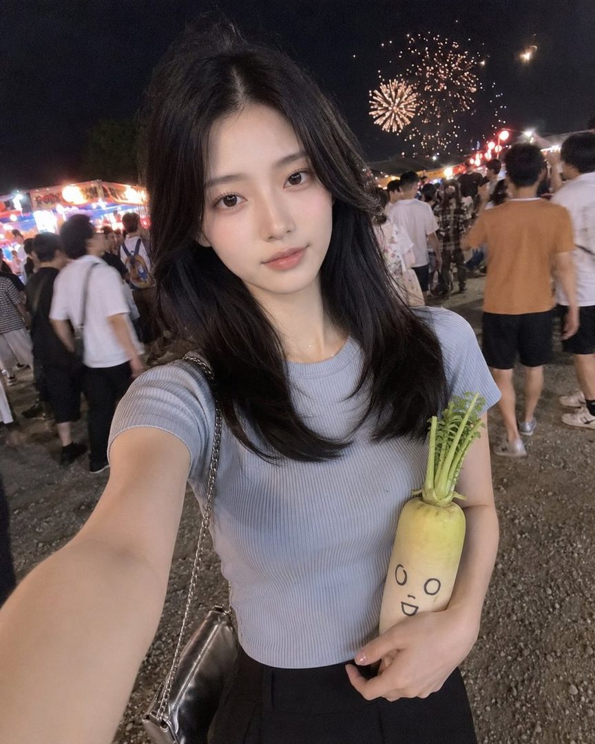 A young woman takes a selfie at night with fireworks in the background, holding a daikon radish with a drawn face.