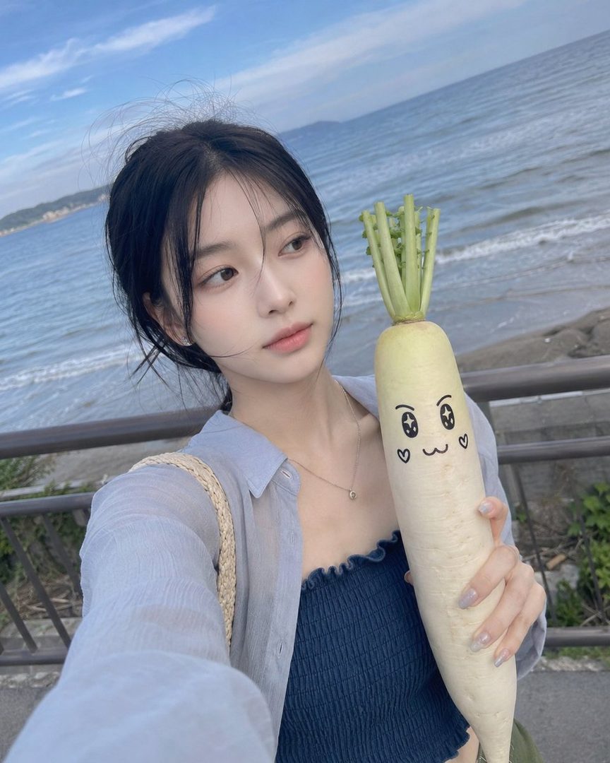 A young woman with black hair holds a large daikon radish with a drawn face while standing by the sea.