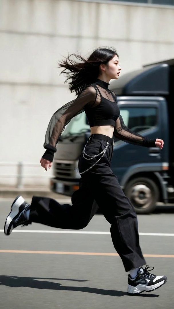 A young woman with long black hair runs across a street in a black crop top and pants.