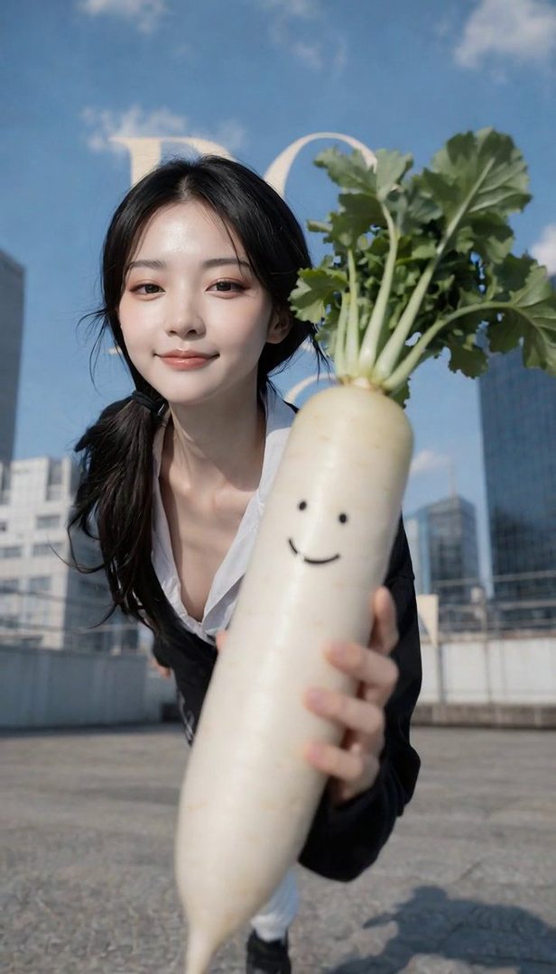 A young woman with black hair holds a large daikon radish with a smiley face drawn on it, on a rooftop with city buildings in the background.