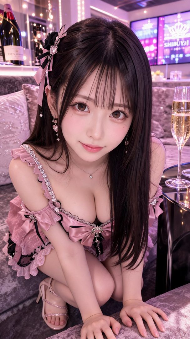 A cute East Asian woman with long black hair and bangs, wearing a pink dress, kneels indoors with champagne glasses nearby.