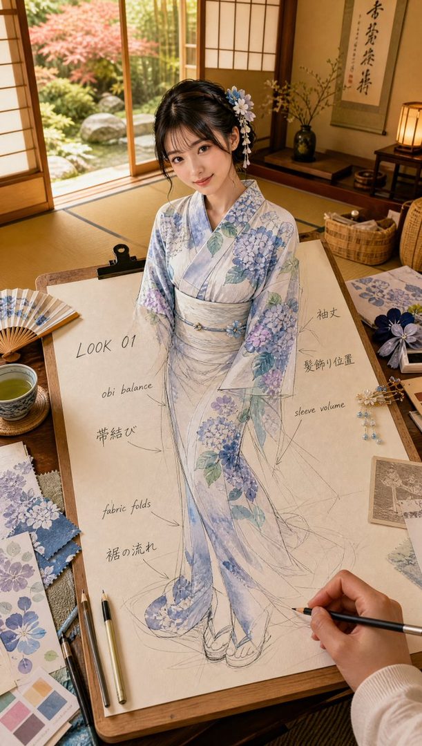 A beautiful woman in a light blue floral kimono is depicted as a drawing on a clipboard, with a hand drawing details, set in a traditional Japanese room.