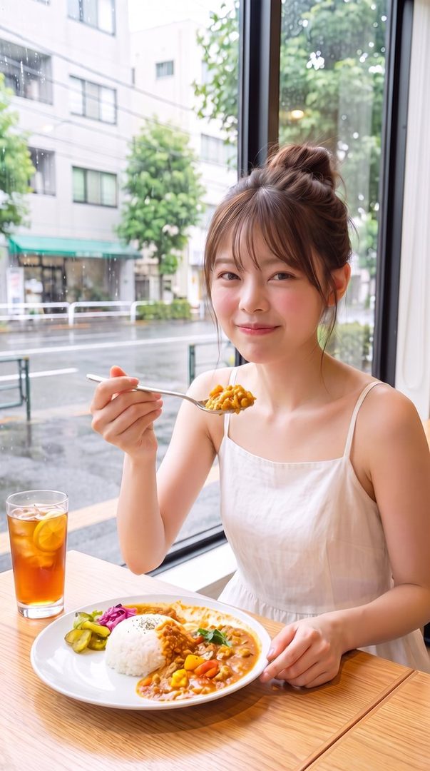 A young woman with brown hair and bangs, wearing a white dress, smiles while eating curry rice at a cafe.