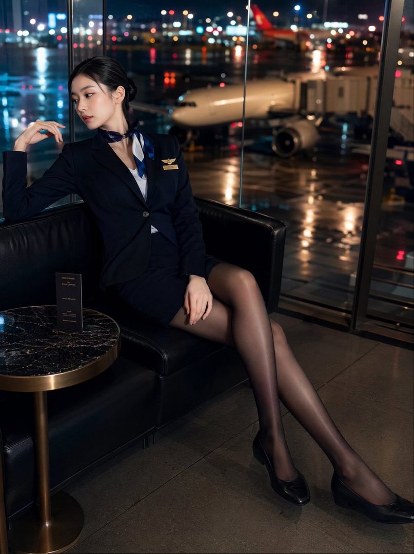 A woman in a flight attendant uniform sits on a couch by a window overlooking an airport at night.