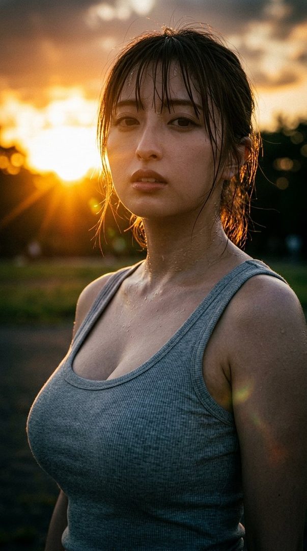 A woman with wet hair and a grey tank top looks at the camera during golden hour outdoors.