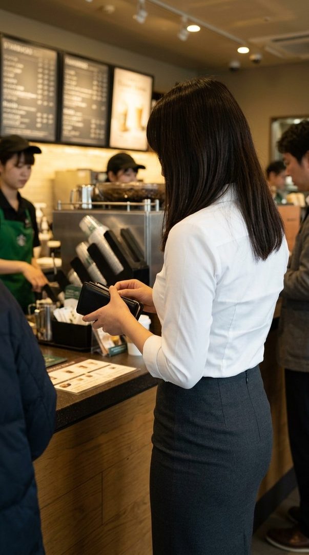 A woman in a white blouse and dark skirt is paying at a coffee shop counter.