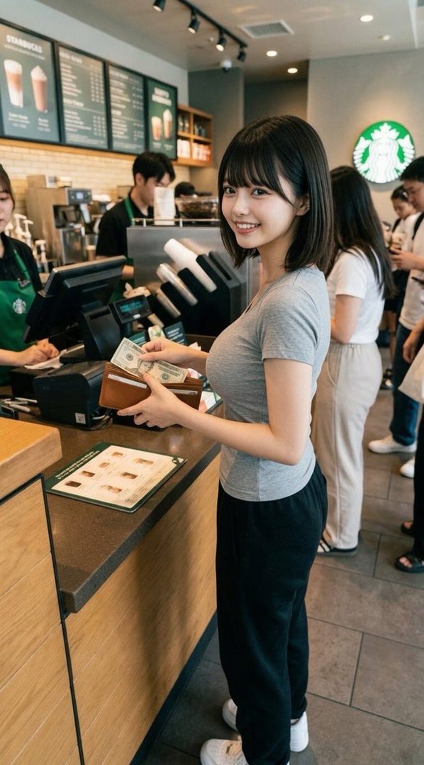 A young woman with short black hair and bangs smiles while holding money at a Starbucks counter.