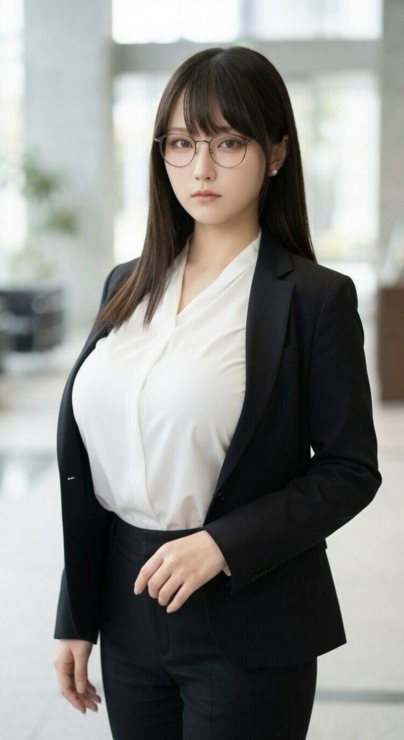 A photorealistic portrait of an East Asian woman with long black hair and bangs, wearing glasses, a white blouse, and a black suit jacket, standing indoors.