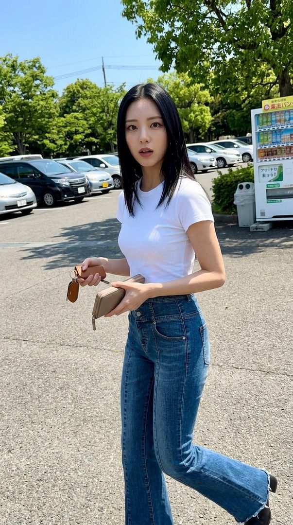A young woman with black hair and a white t-shirt stands in a parking lot on a sunny day.