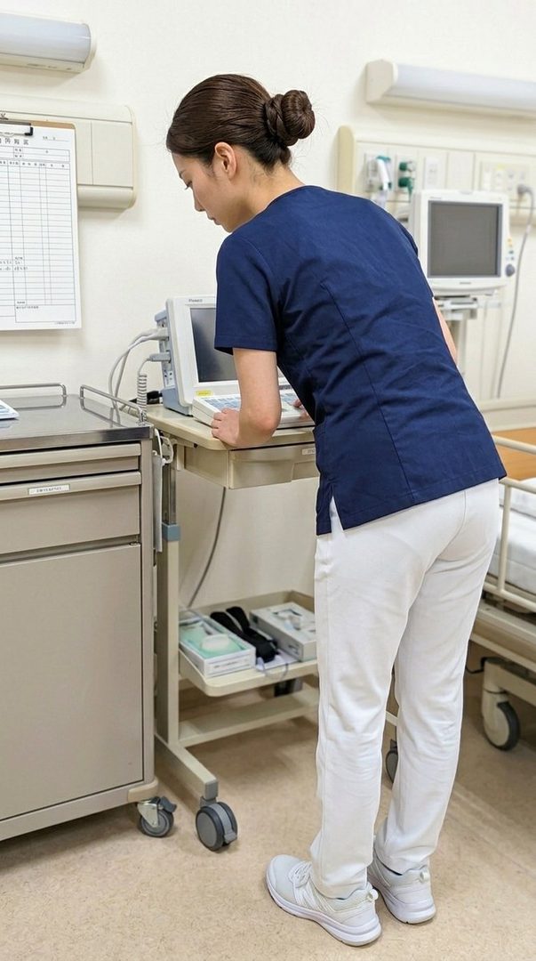 A woman in a blue scrub top and white pants is working at a medical cart in a hospital room.
