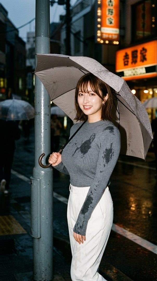 A young woman with an umbrella smiles on a rainy street at night, wearing a grey sweater and white pants.