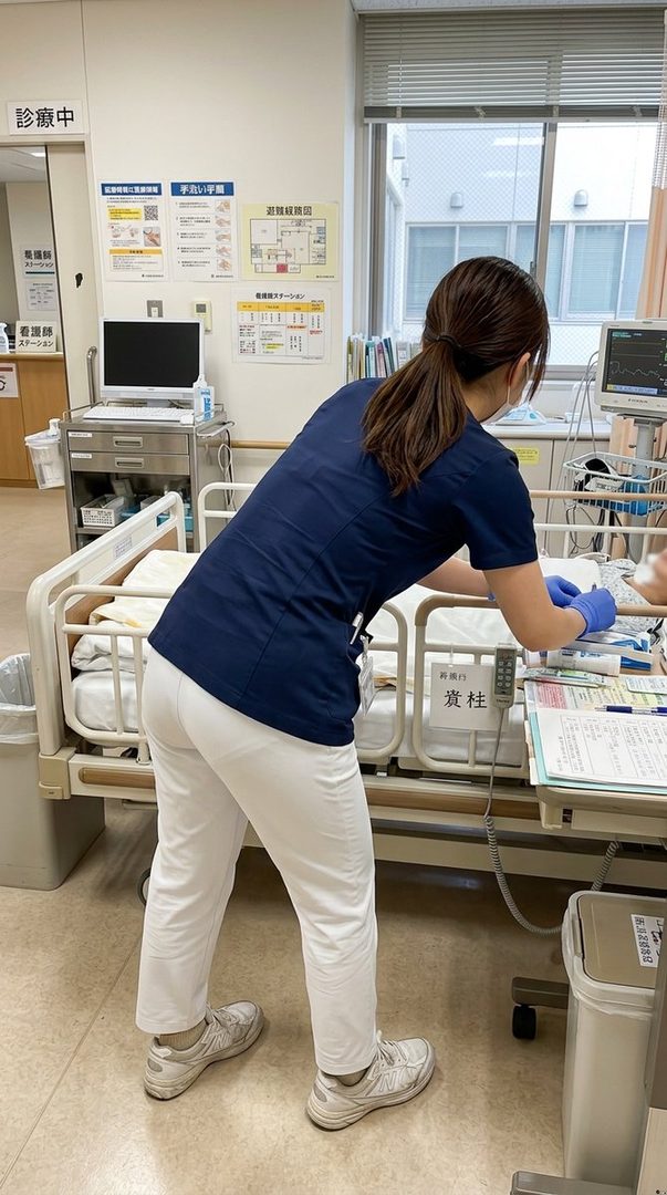 A nurse in a blue scrub top and white pants tends to a patient in a hospital room.