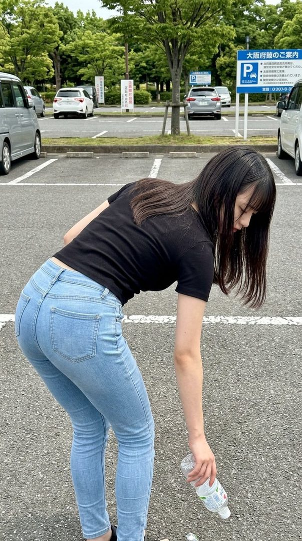 A young woman with long black hair bends over to pick up a plastic bottle in a parking lot.