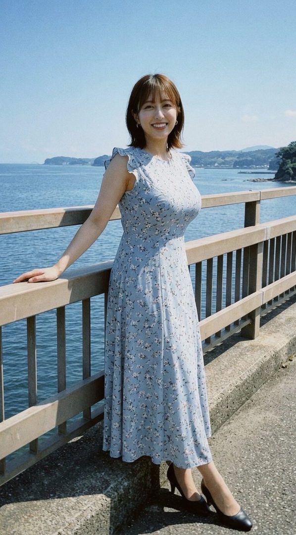 A smiling woman in a floral dress stands by a railing overlooking the ocean on a sunny day.