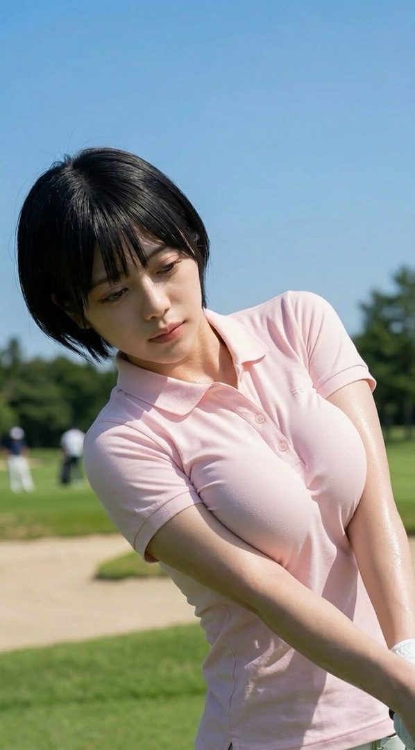 A woman with short black hair and bangs wears a pink polo shirt while playing golf outdoors.