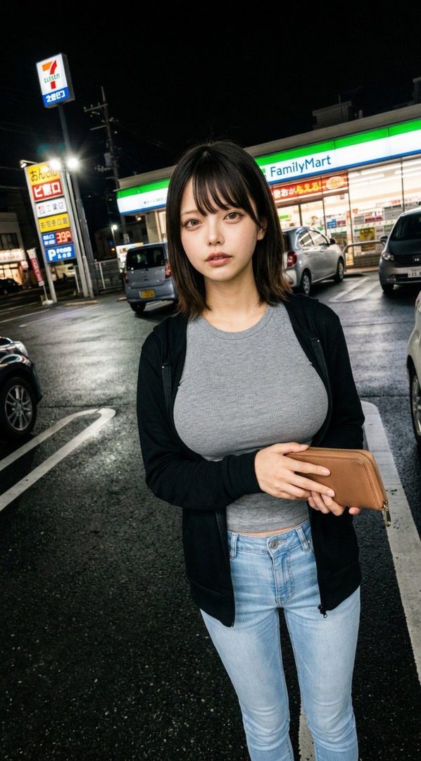 A young woman with short black hair stands outside a convenience store at night, wearing a grey top, black cardigan, and jeans, holding a wallet.