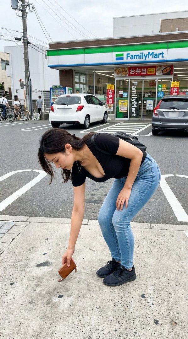 A woman in a black t-shirt and jeans bends down to pick up a coin on the street in front of a FamilyMart convenience store.