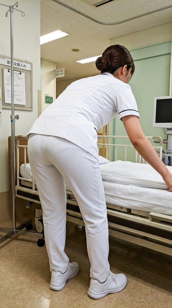 A woman in a white nurse uniform is making a bed in a hospital room.