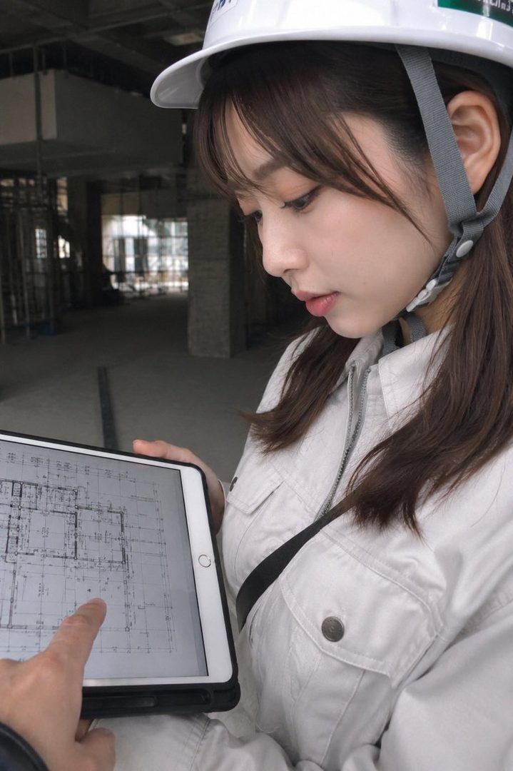 A young woman in a white hard hat and jacket looks at architectural plans on a tablet at a construction site.