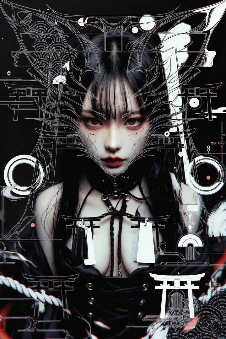 A dark and moody portrait of a woman with black hair and bangs, wearing a black outfit with a choker, surrounded by abstract white line art resembling Japanese torii gates.