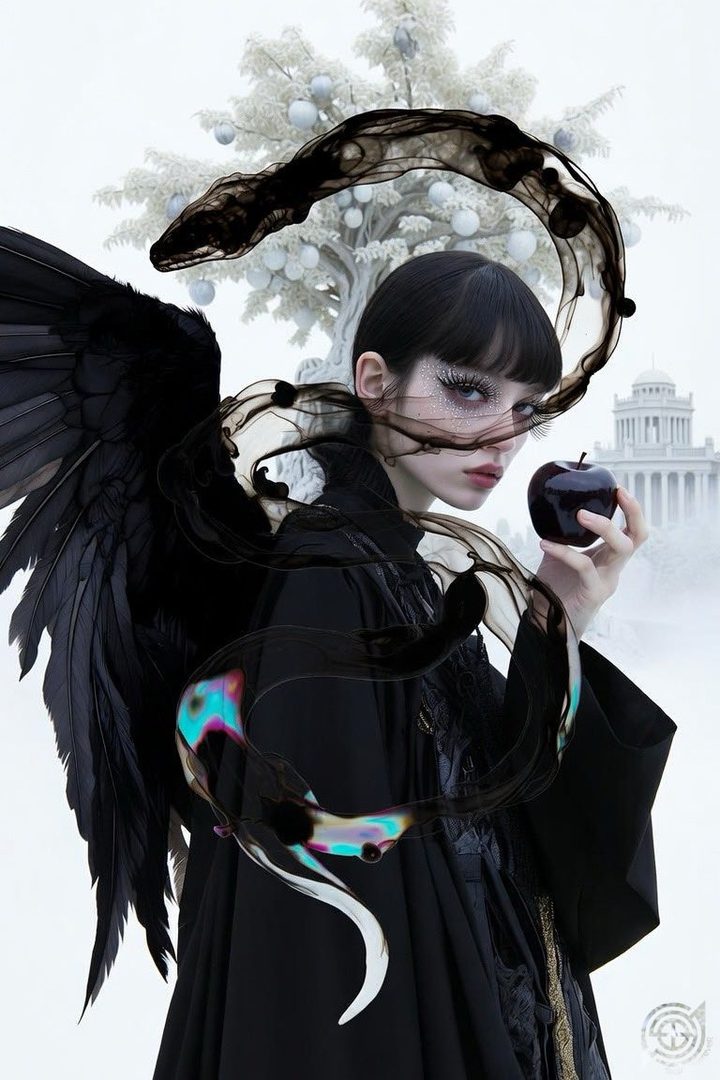 A fantasy portrait of a woman with black wings and a black dress, holding a dark apple, with a serpent-like smoke effect around her.