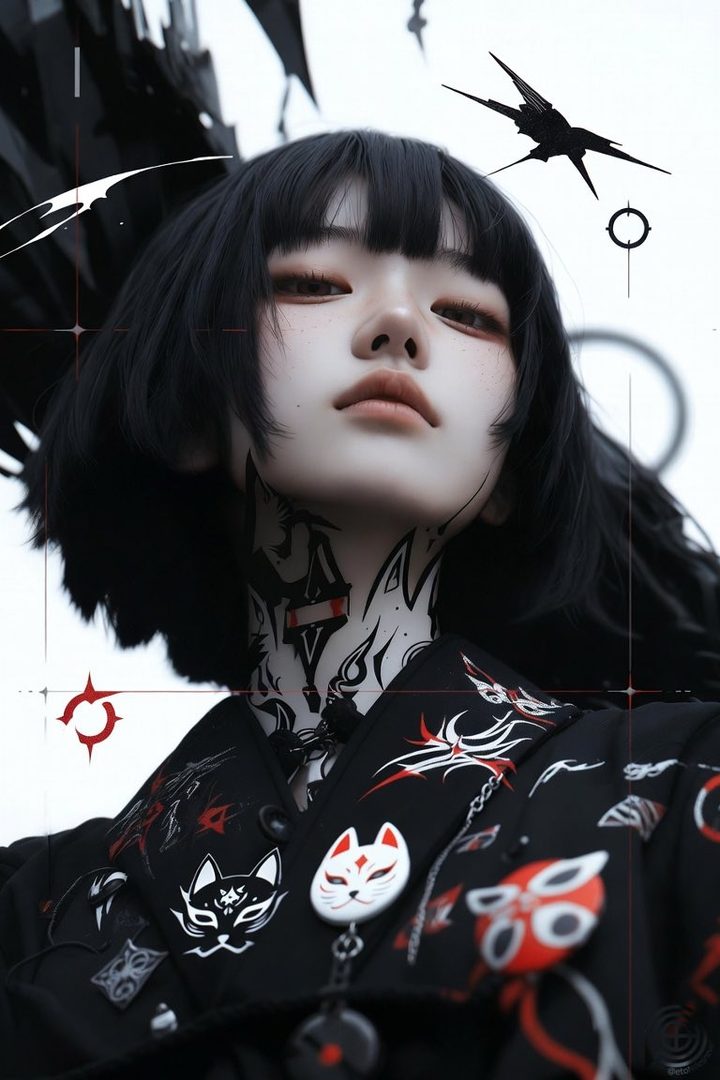 A photorealistic portrait of a woman with black hair and neck tattoos, wearing a black kimono-style top with fox mask motifs.