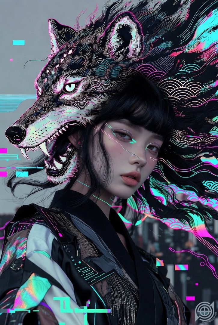 A semi-realistic portrait of a woman with black hair and bangs, with a stylized wolf head and neon geometric patterns in the background.