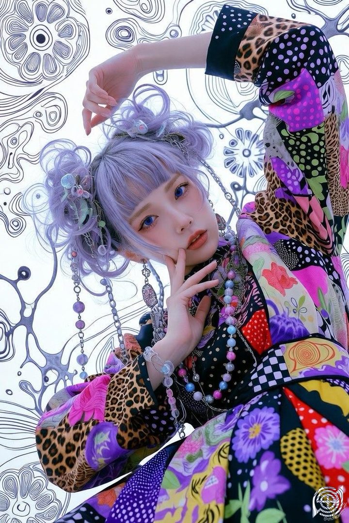A woman with purple hair in twintails and a colorful patterned dress poses against a white background with abstract line art.
