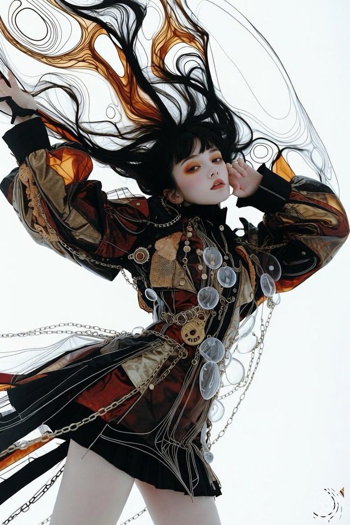 A woman with black hair and bangs wears a unique, ornate dress with chains and clear embellishments, posing against a white background.