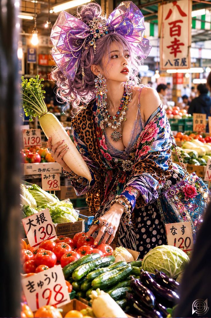 A woman with purple hair and an elaborate headdress holds a daikon radish in a vibrant market stall.
