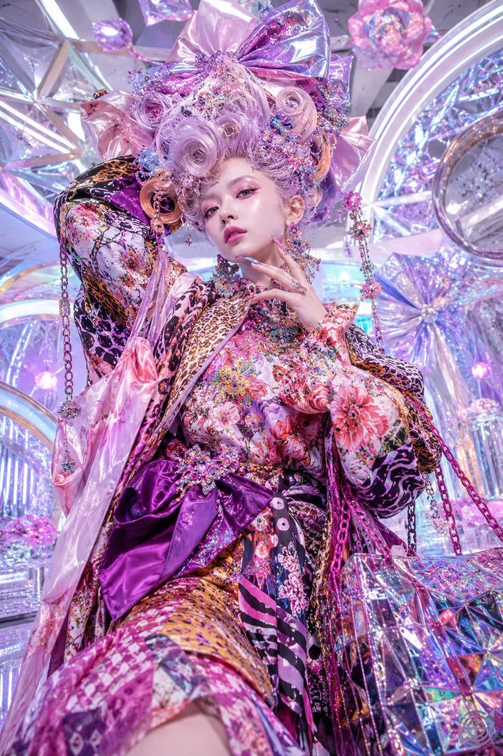 A woman with elaborate purple hair and a vibrant, patterned dress poses in a sparkling, futuristic setting.