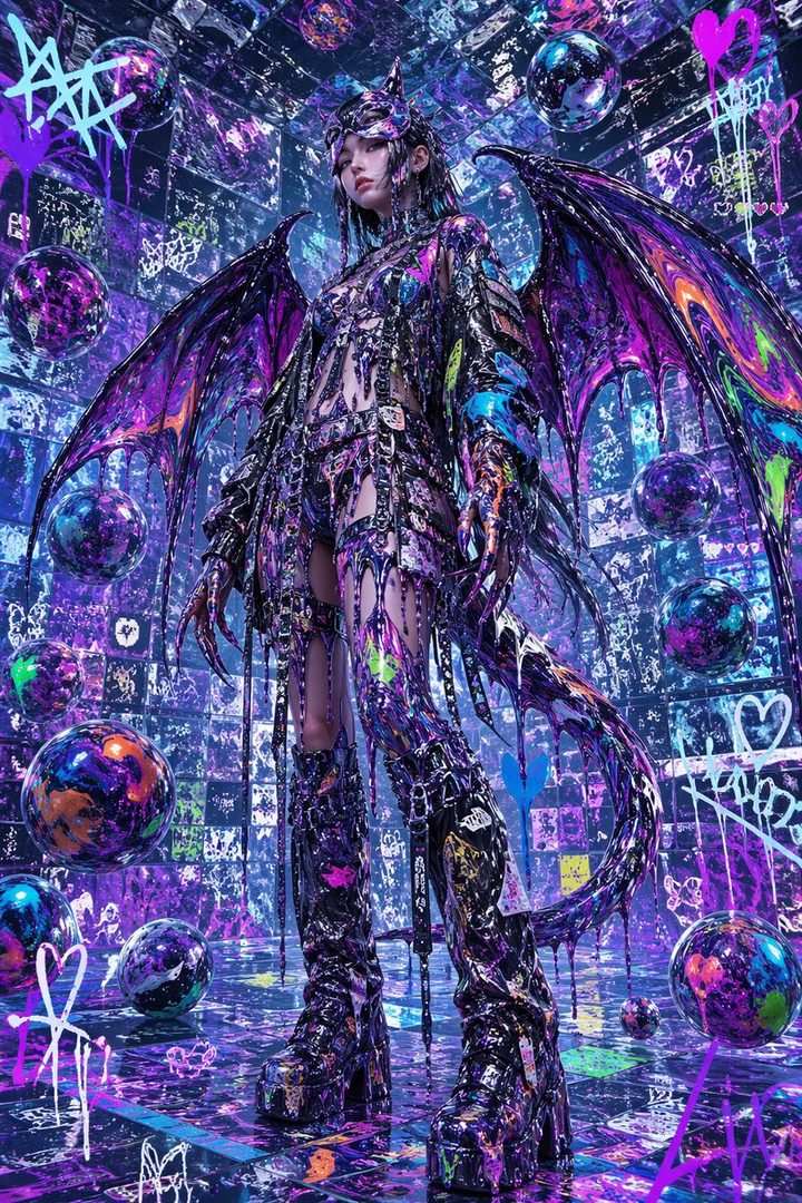 A fantasy portrait of a woman with dragon wings and tail, wearing a dark, iridescent outfit, standing in a room with glowing purple and blue graffiti and floating orbs.