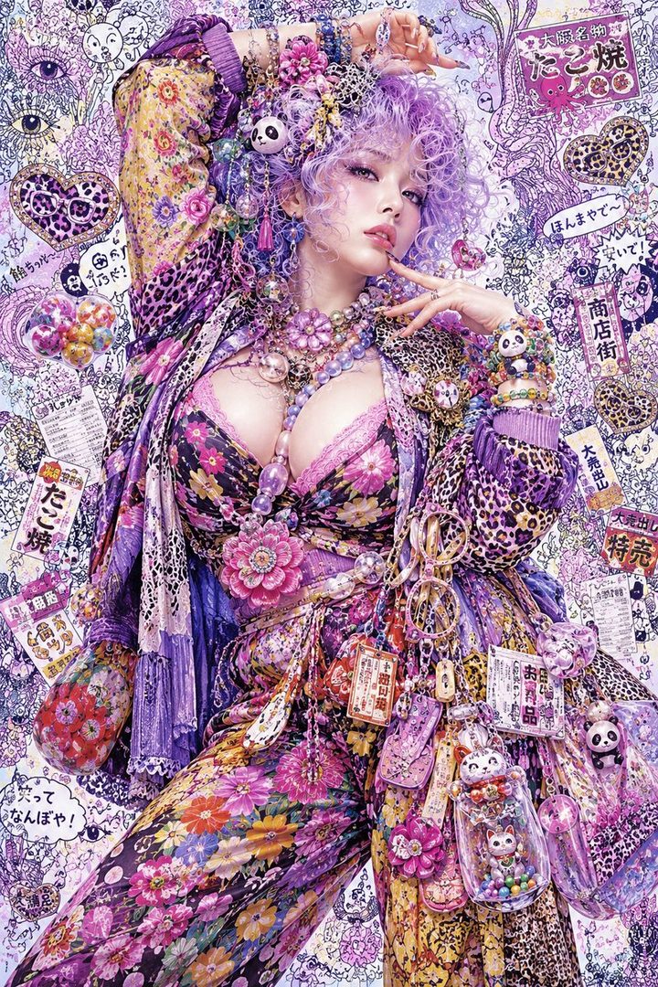 A woman with vibrant purple curly hair and an elaborate, colorful floral and leopard print outfit, adorned with numerous accessories, poses against a busy, doodle-filled background.