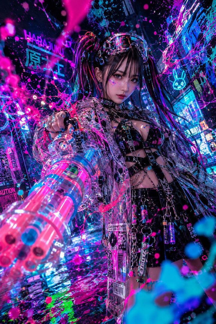 A cyberpunk-style woman with black twintails and goggles holds a futuristic weapon in a neon-lit city at night.