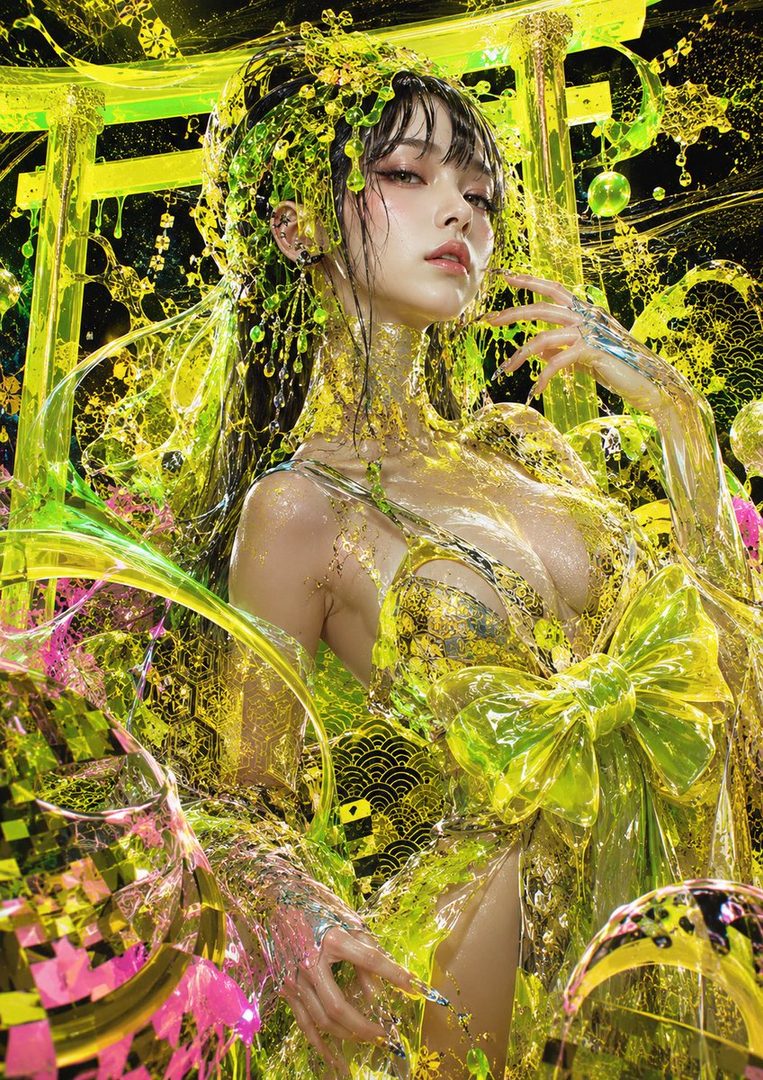 A woman with long black hair and a translucent yellow dress covered in liquid and glitter, in a fantasy setting.
