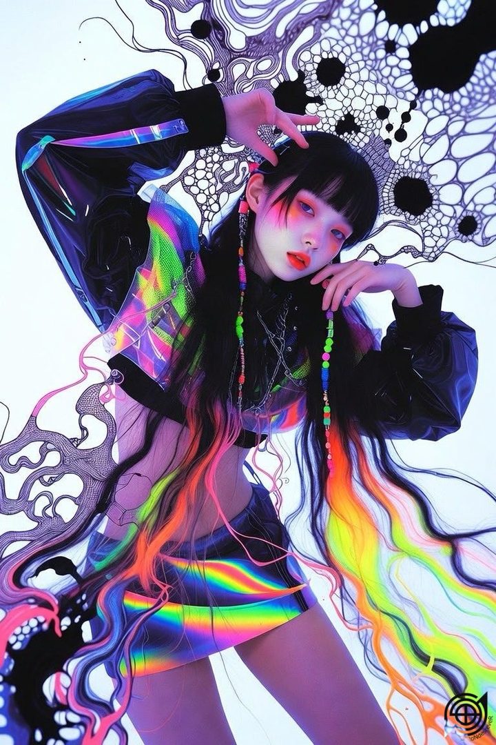 A vibrant portrait of a woman with long black hair featuring rainbow streaks, wearing a holographic jacket and skirt, against a white background with abstract black and white patterns.